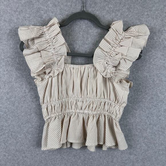 Aureum Striped Ruffle Top Size Small Cream Tan Elastic Smocked Peplum Tank - Picture 5 of 9
